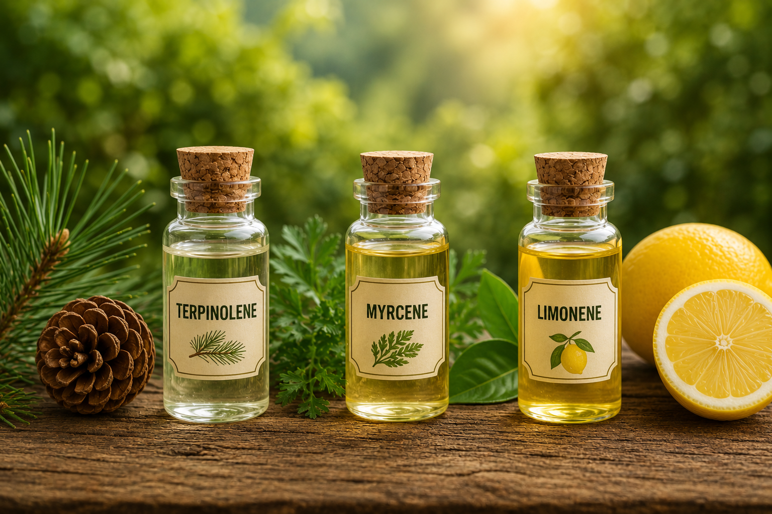 Natural macro scene with three terpene bottles on a rustic wooden surface, surrounded by pine, herbs, and citrus in soft sunlight.