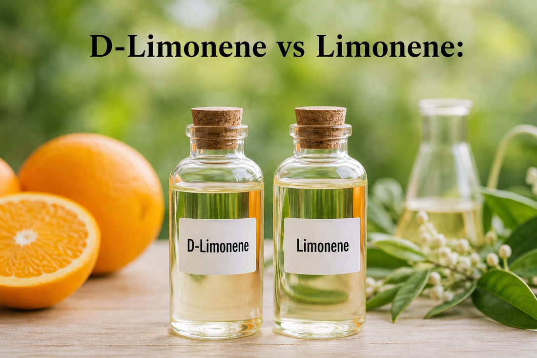 D-Limonene vs Limonene bottles with fresh oranges and citrus leaves on a natural background