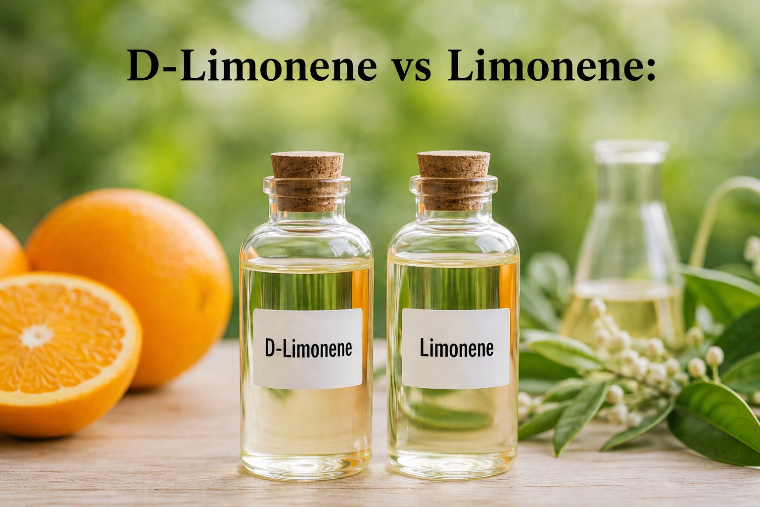 D-Limonene vs Limonene bottles with fresh oranges and citrus leaves on a natural background