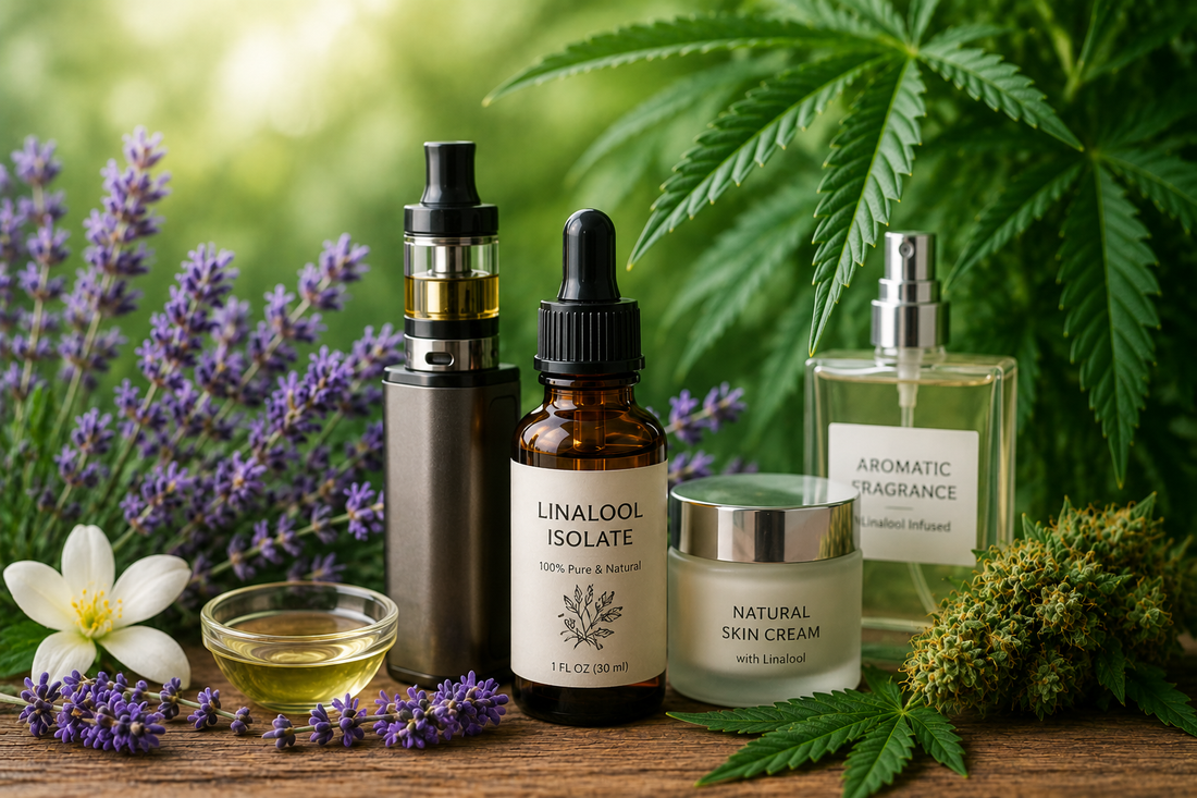 Natural still-life of linalool isolate with vape, cosmetic, and aromatic products surrounded by lavender and cannabis leaves.
