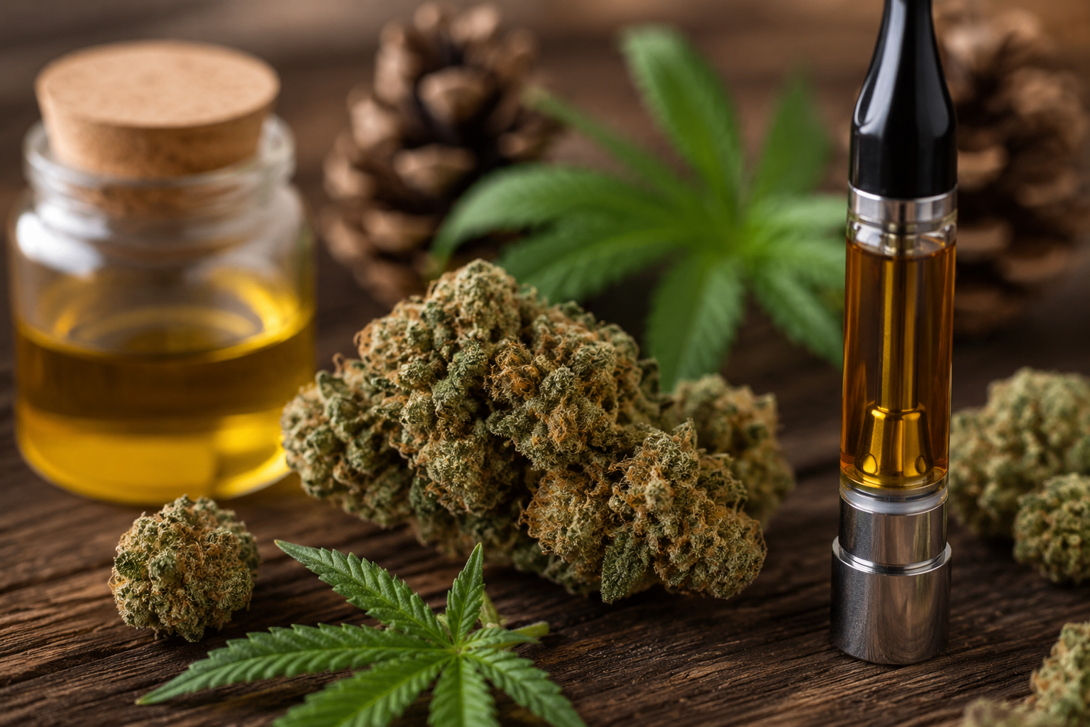 Close-up of cannabis buds, vape cartridge, and cannabis oil on a rustic wooden surface with natural lighting.