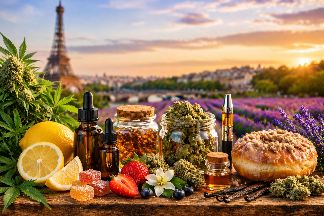 photorealistic scene showing a rustic wooden table with cannabis buds, CBD oil bottles, lemon slices, strawberries, gummy candies, a vape pen, and a pastry, set against a soft-focus Paris landscape with the Eiffel Tower and lavender fields at sunset.