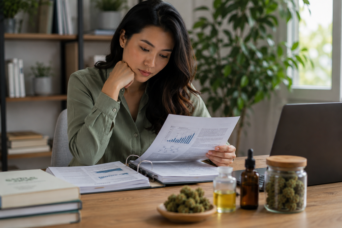 Woman reviewing myrcene terpene research documents with cannabis samples and terpene oil at a home office desk.