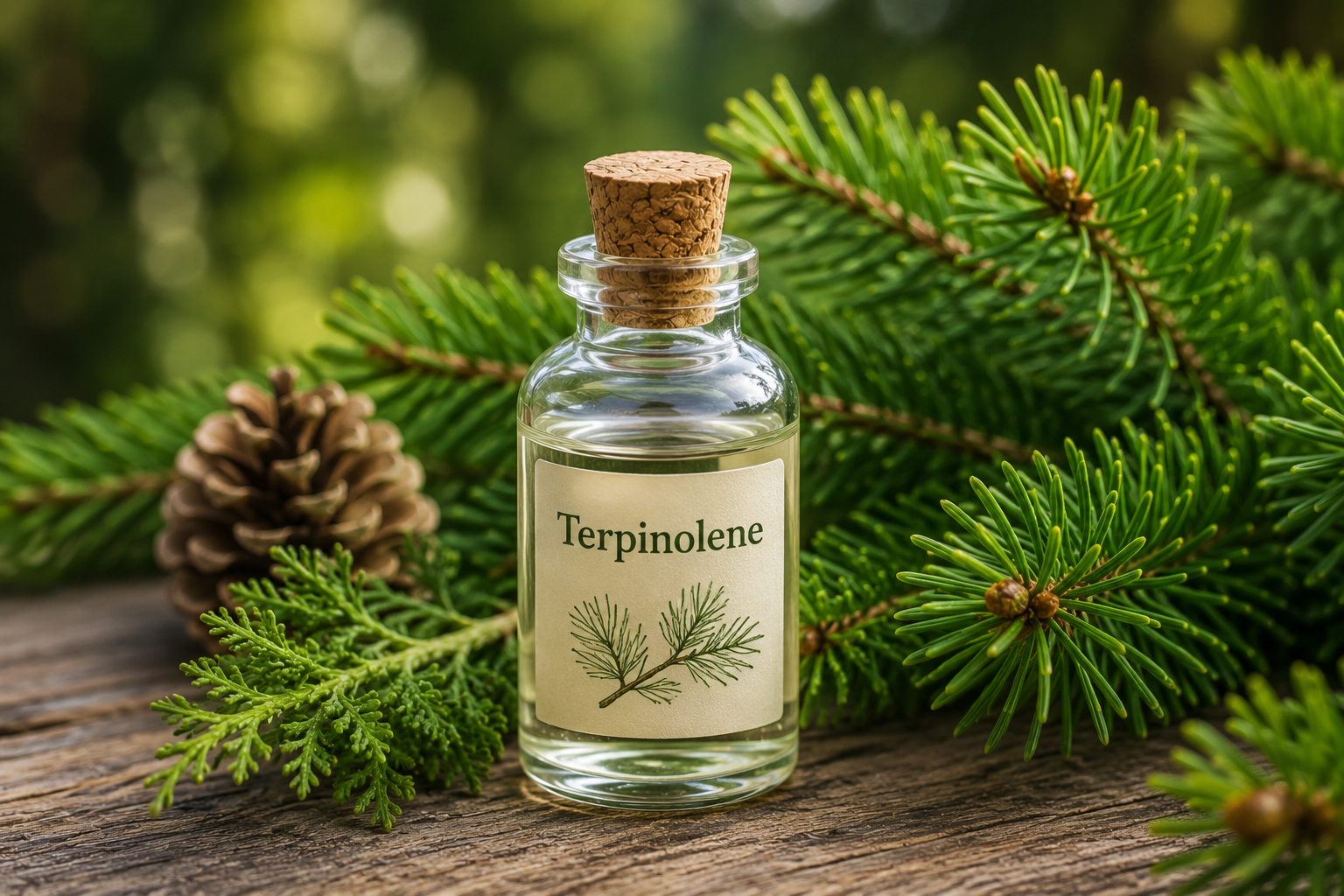 Terpinolene terpene essential oil bottle surrounded by fresh pine branches and natural forest botanicals.