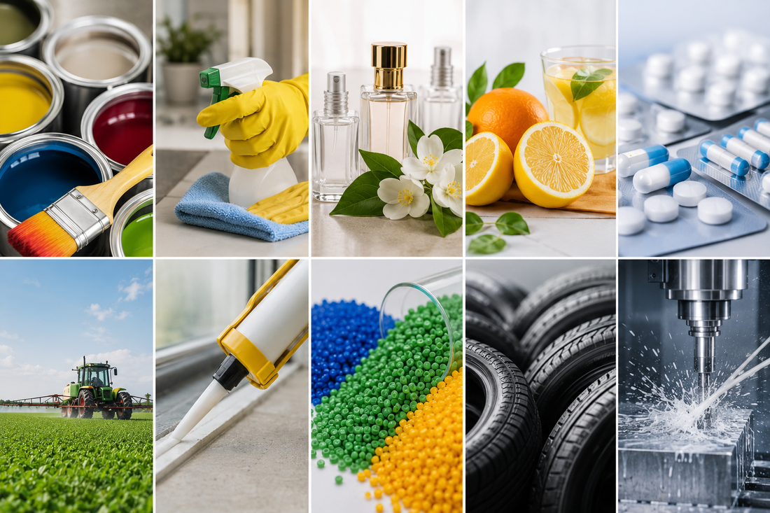 D-Limonene industrial applications in Europe including cleaning products, fragrances, food processing, agriculture, polymers, rubber manufacturing, and metalworking industries.