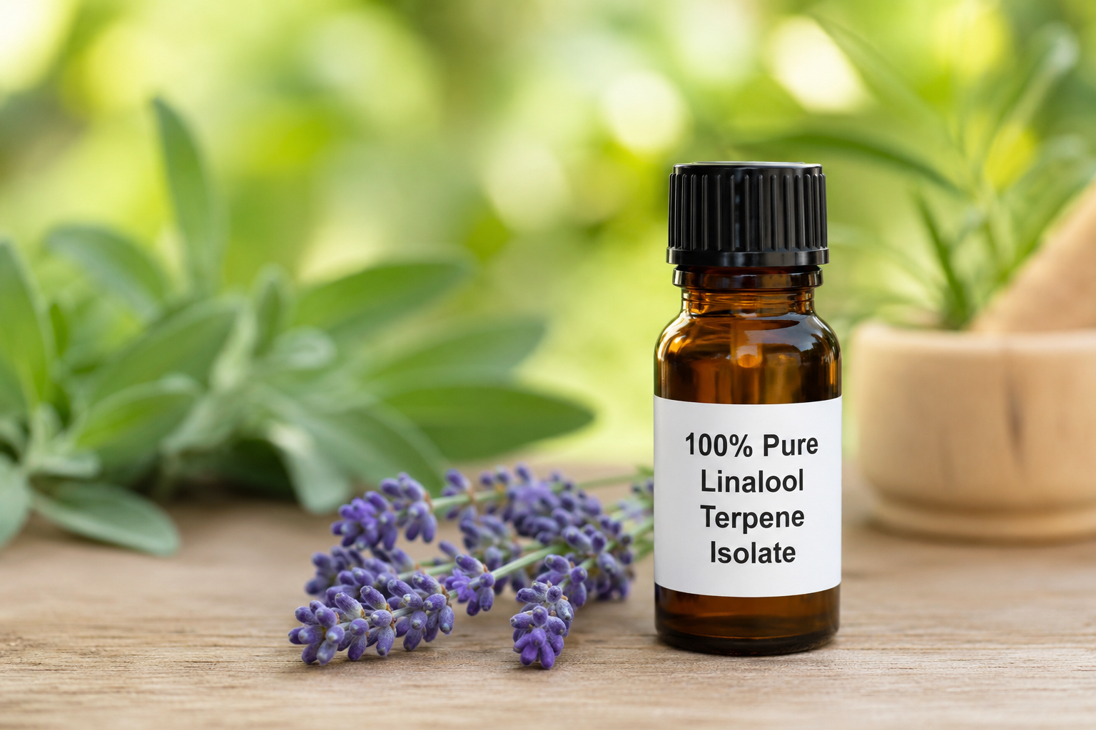Amber bottle labeled “100% Pure Linalool Terpene Isolate” beside lavender on a wooden surface.