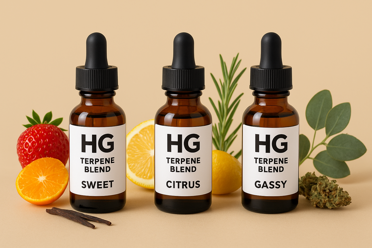 Premium terpene blend bottles arranged beside vape-friendly botanical elements like citrus, sweet fruits, and fuel-inspired herbs, representing legal UK vape flavours and high-quality formulations.