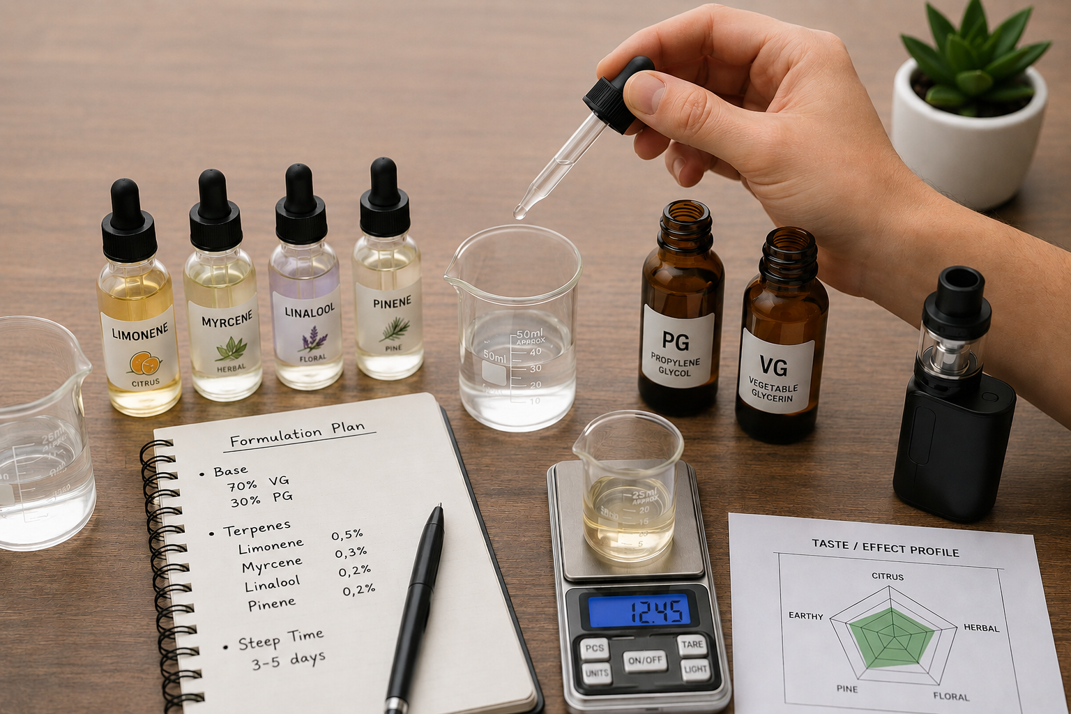 Terpene vape liquid formulation setup with bottles, droppers, and mixing tools on a wooden table.