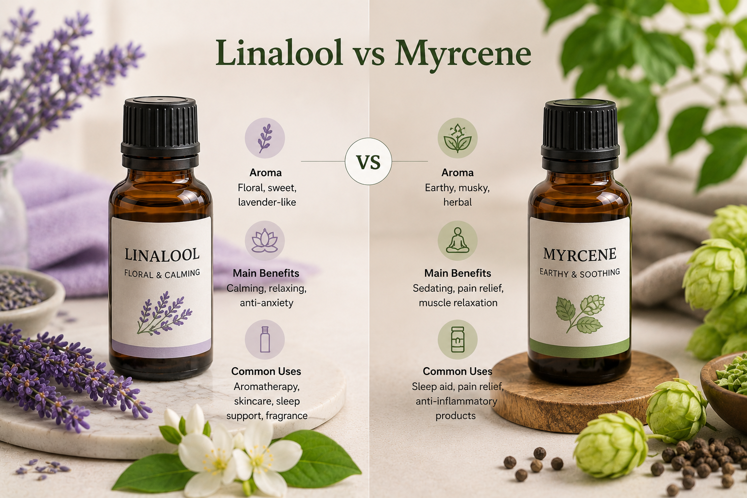 Linalool vs Myrcene terpene comparison with natural botanical oils and aroma benefits.