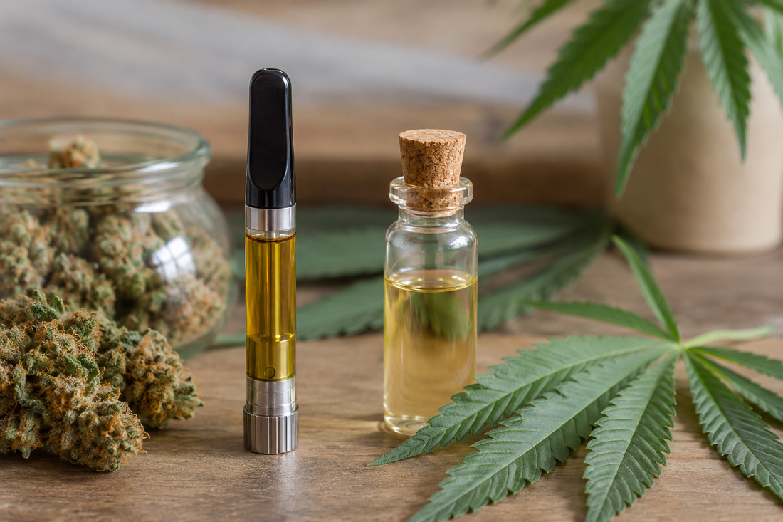Myrcene terpene vape cartridge with cannabis buds and terpene oil on wooden table