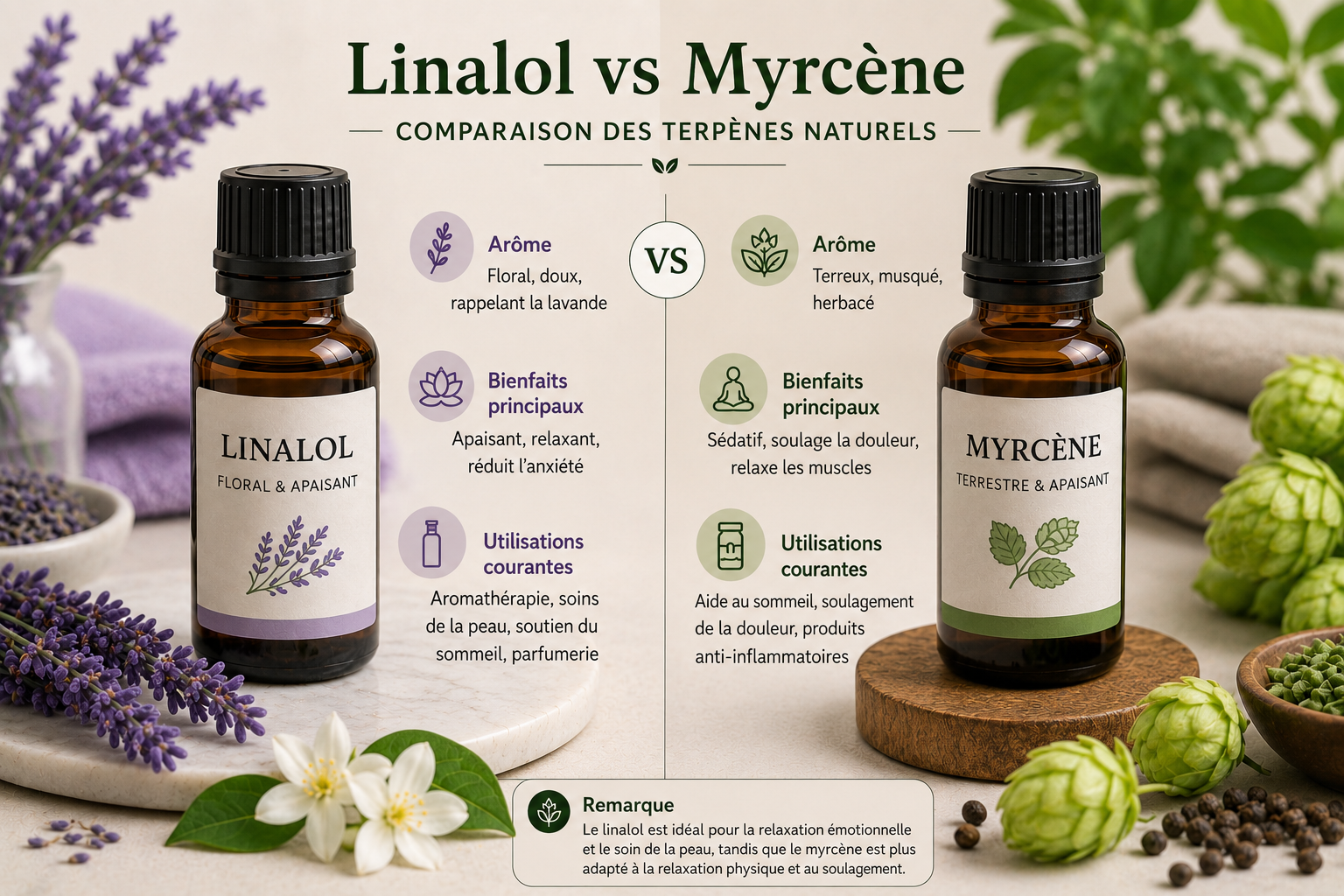 Infographie comparative du linalol et du myrcène : arômes, bienfaits et utilisations des terpènes naturels