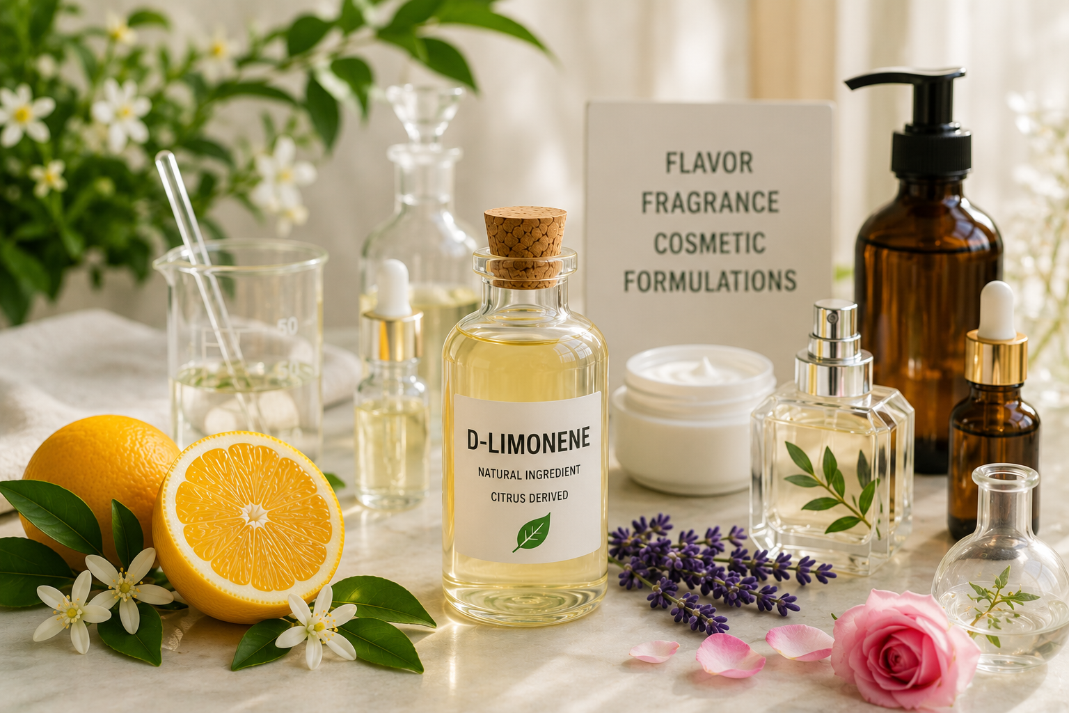 D-Limonene in flavor, fragrance and cosmetic formulations with citrus extracts, essential oils, perfumes, skincare products, and natural beauty ingredients.