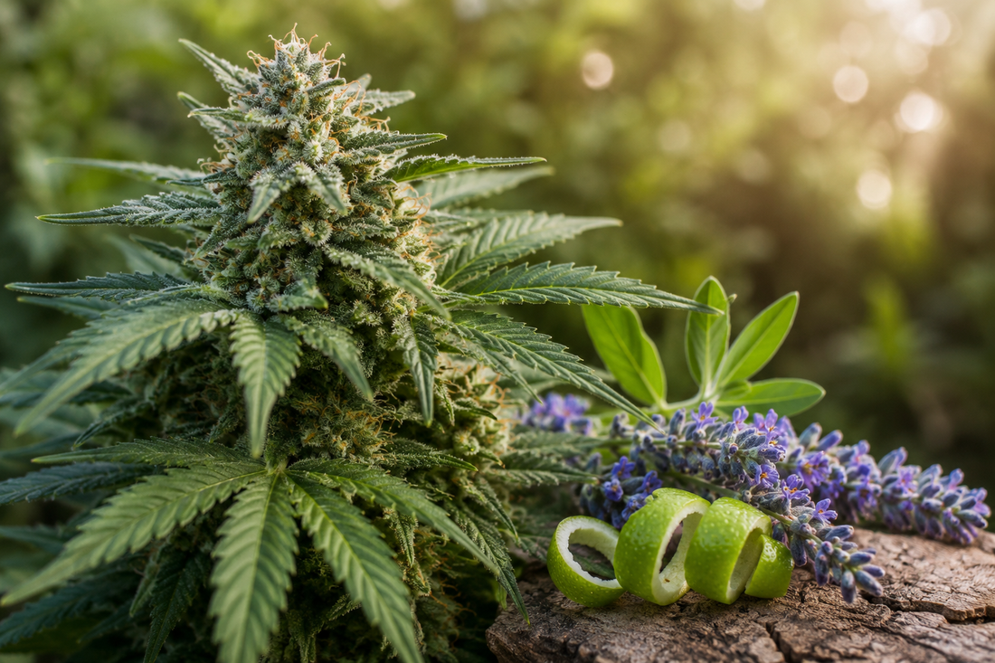 Cannabis flower with lavender and citrus terpinolene aroma in natural sunlight