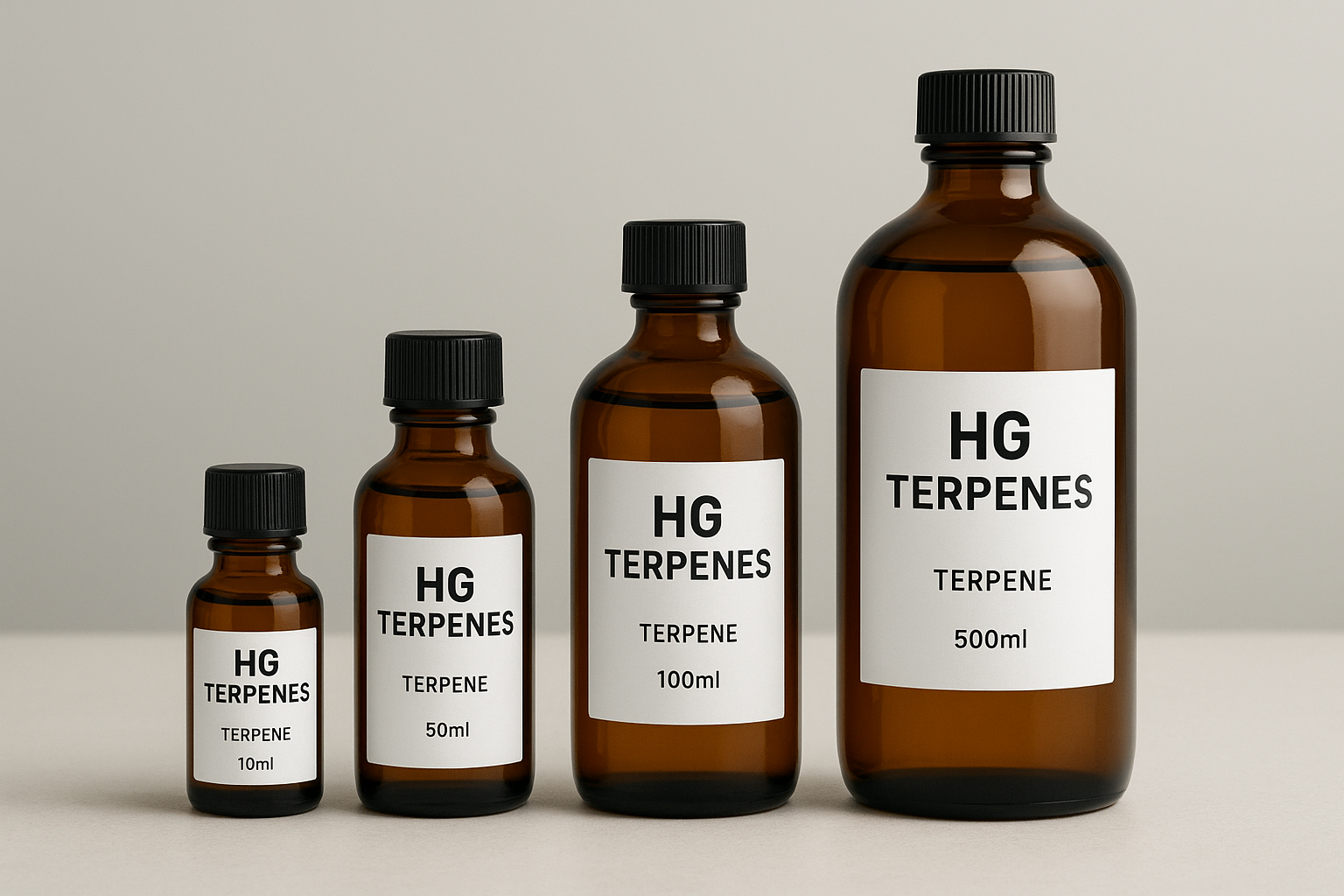 Bulk terpene bottles arranged in varying sizes, representing wholesale supply for UK brands, labs, and manufacturers, with clean, professional packaging to showcase consistency and high-volume production quality.
