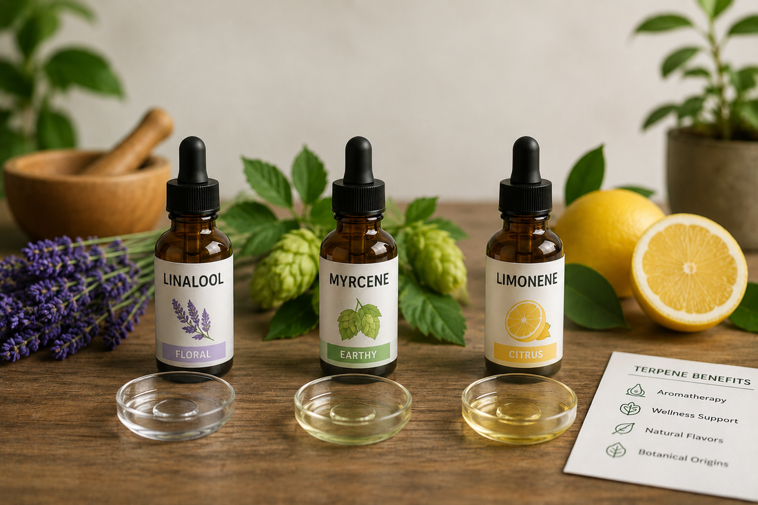 Amber bottles of linalool, myrcene, and limonene terpene isolates with lavender, hops, and lemon on a wooden table.