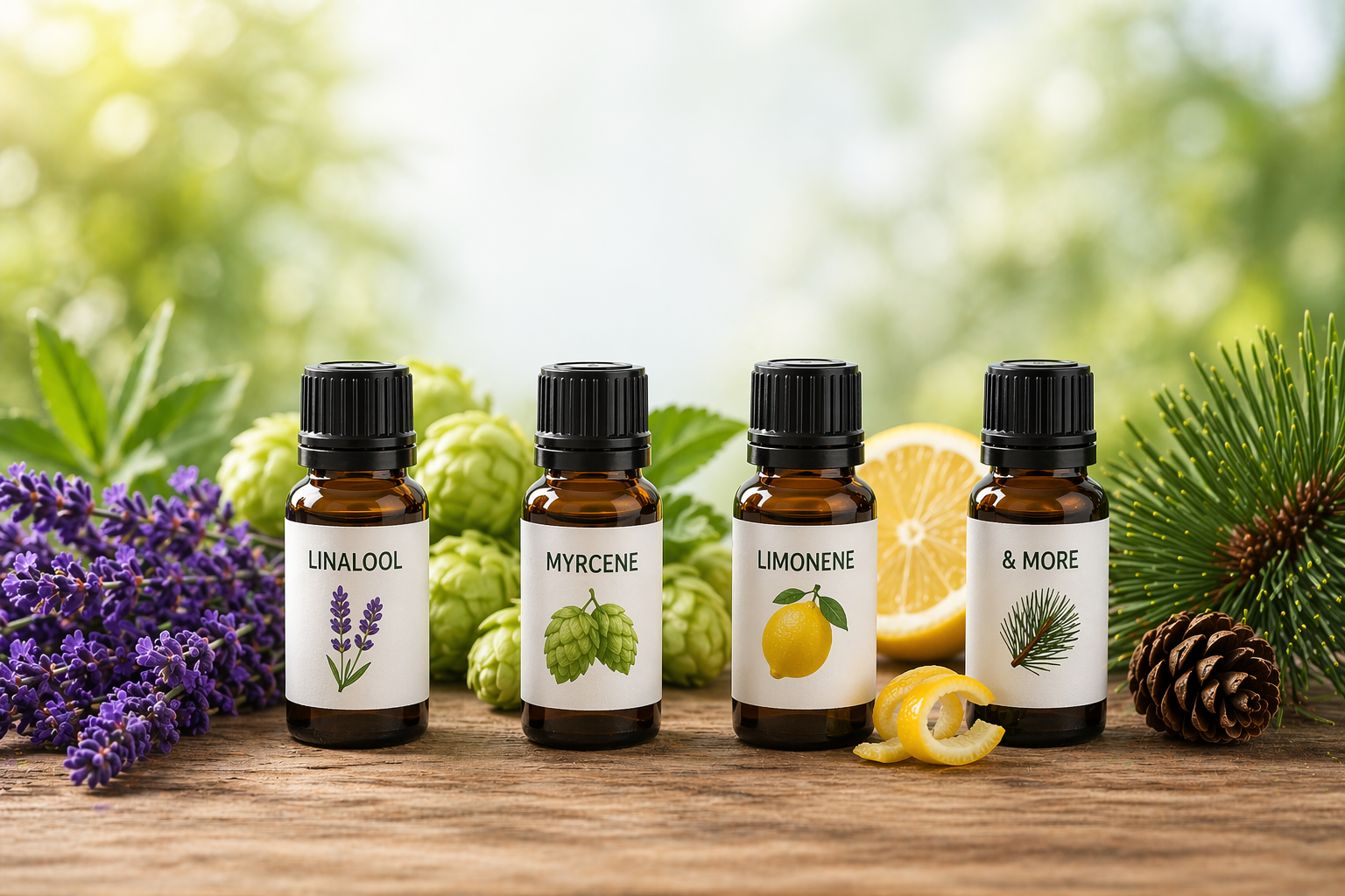 Amber bottles of terpene isolates with natural plant elements on a wooden surface