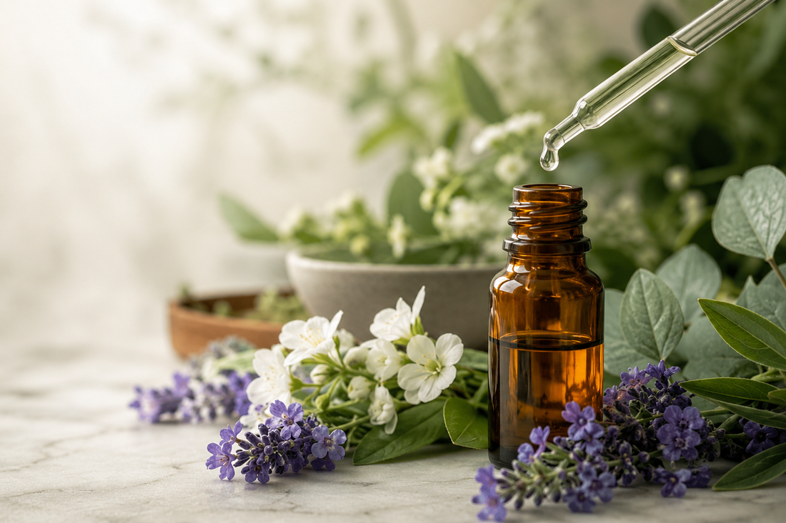 Amber essential oil bottle with lavender and botanical flowers on a soft natural background.