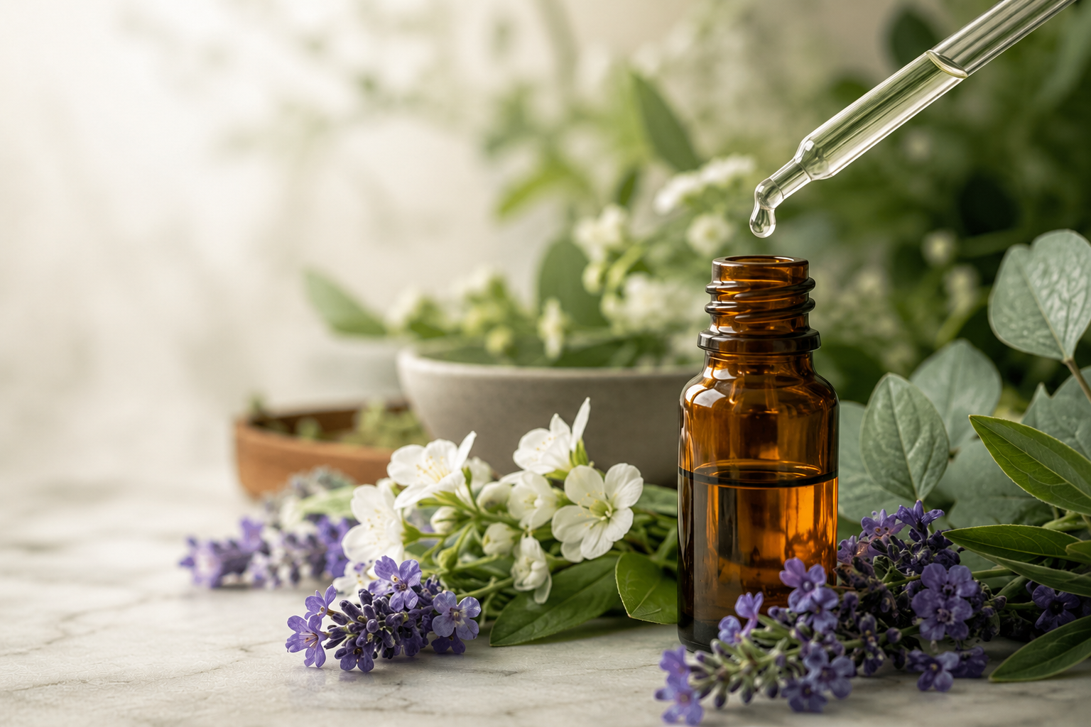 Amber essential oil bottle with lavender and botanical flowers on a soft natural background.