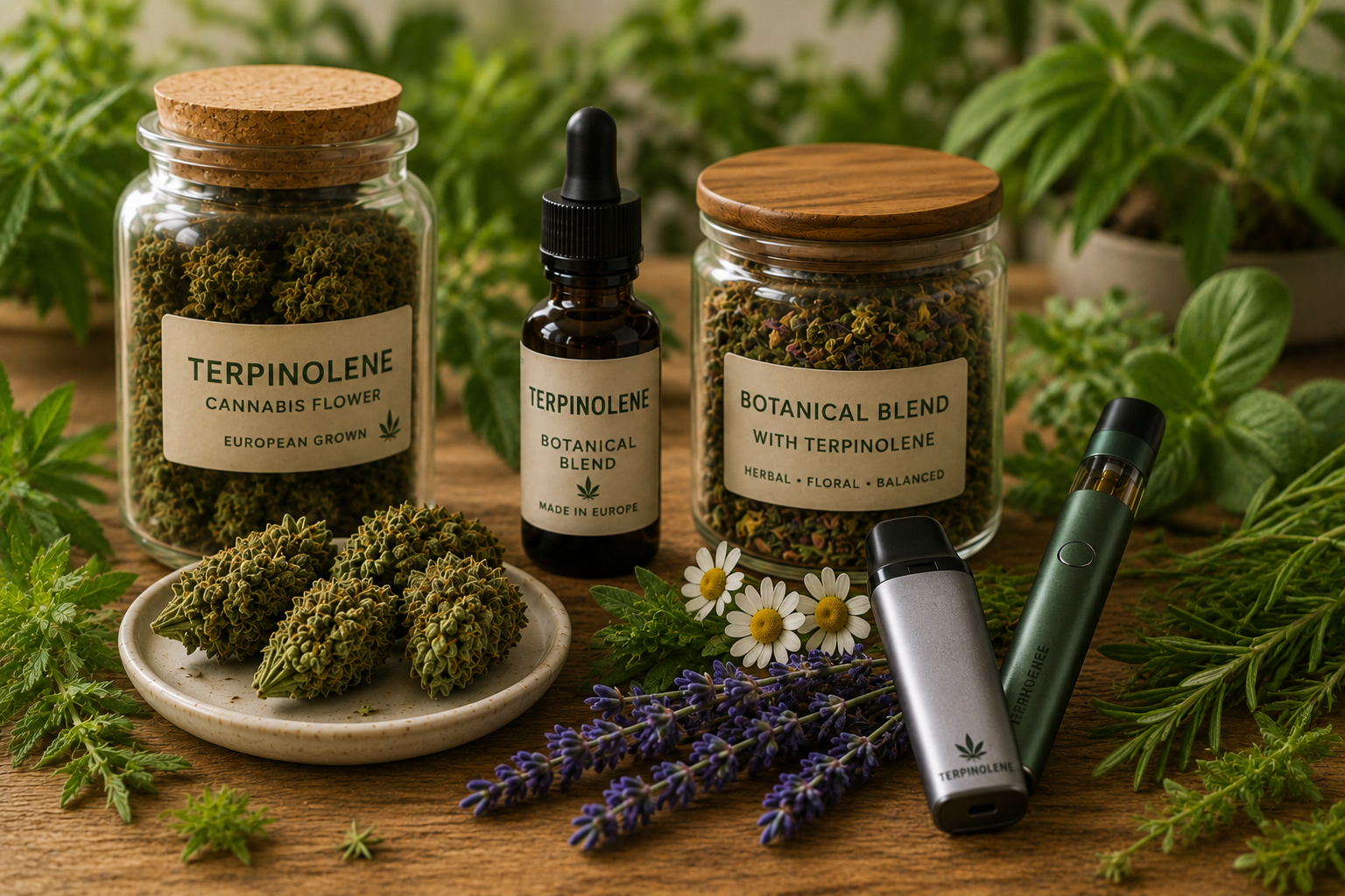 Terpinolene vape and botanical blend products with natural herbal ingredients