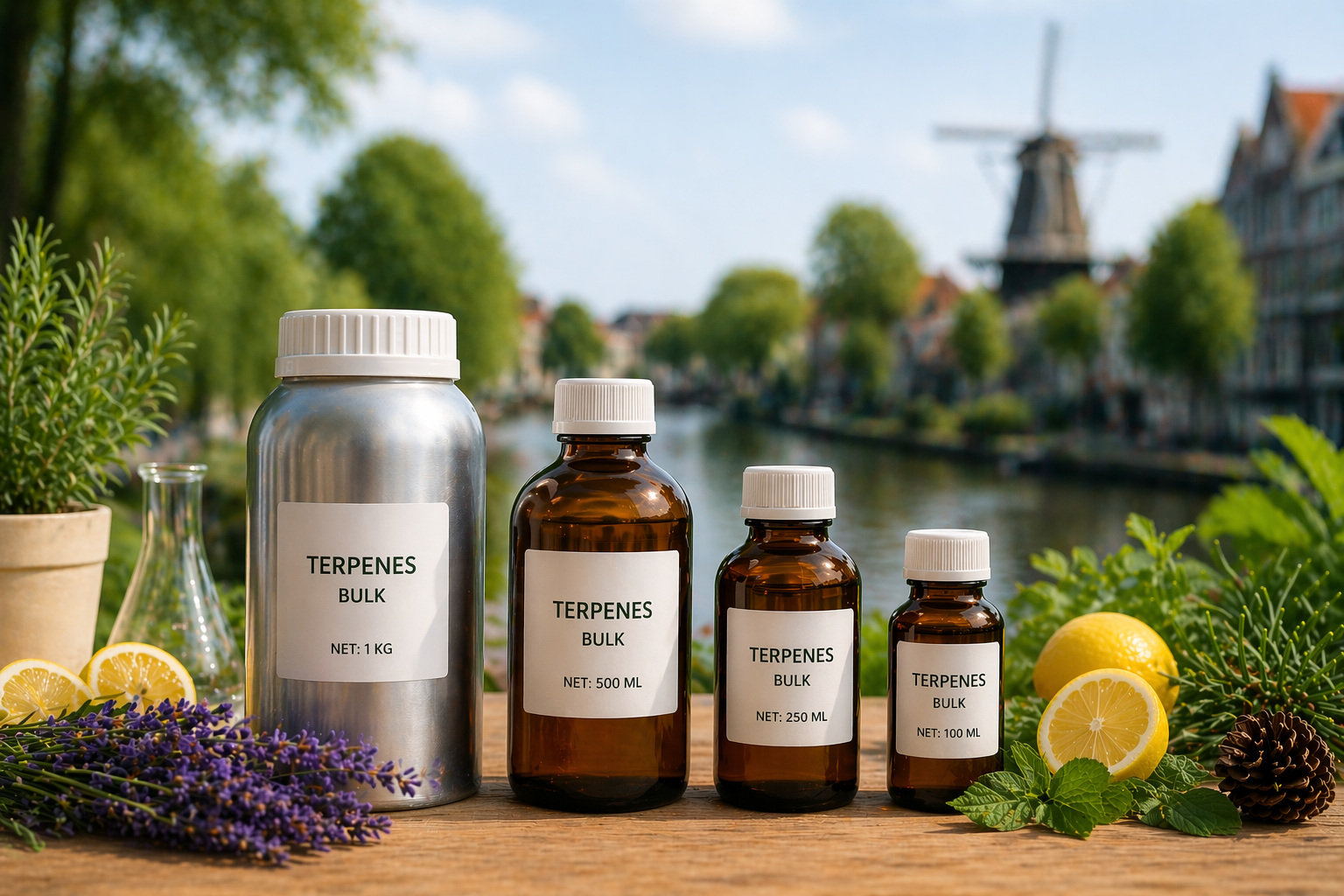 Terpene bottles with natural ingredients on a wooden table with a canal background