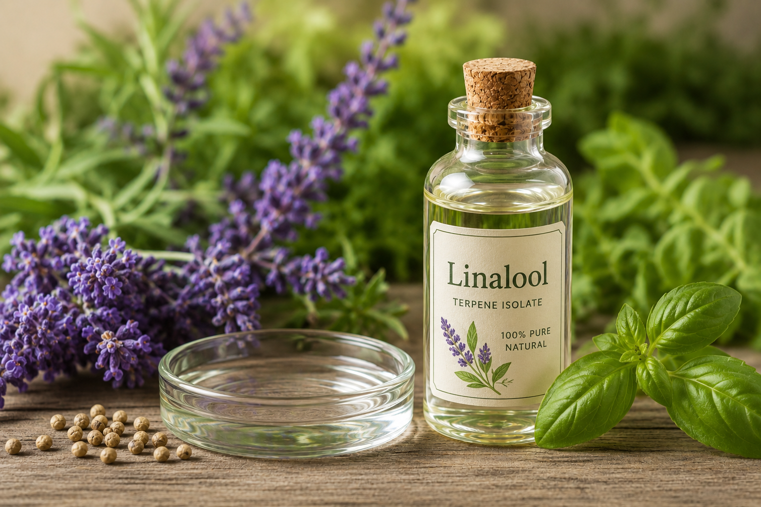 Frasco con aislado de terpeno de linalool, junto a lavanda y hierbas aromáticas sobre una mesa de madera