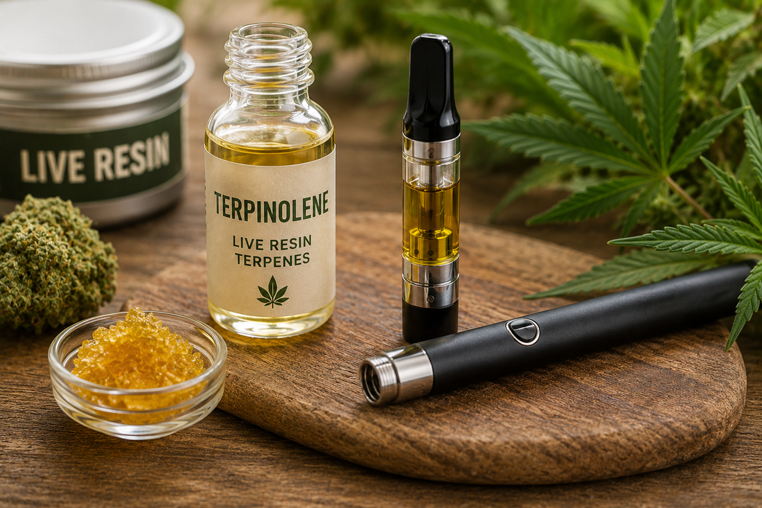 Terpinolene live resin terpenes with vape cartridge and cannabis extract products