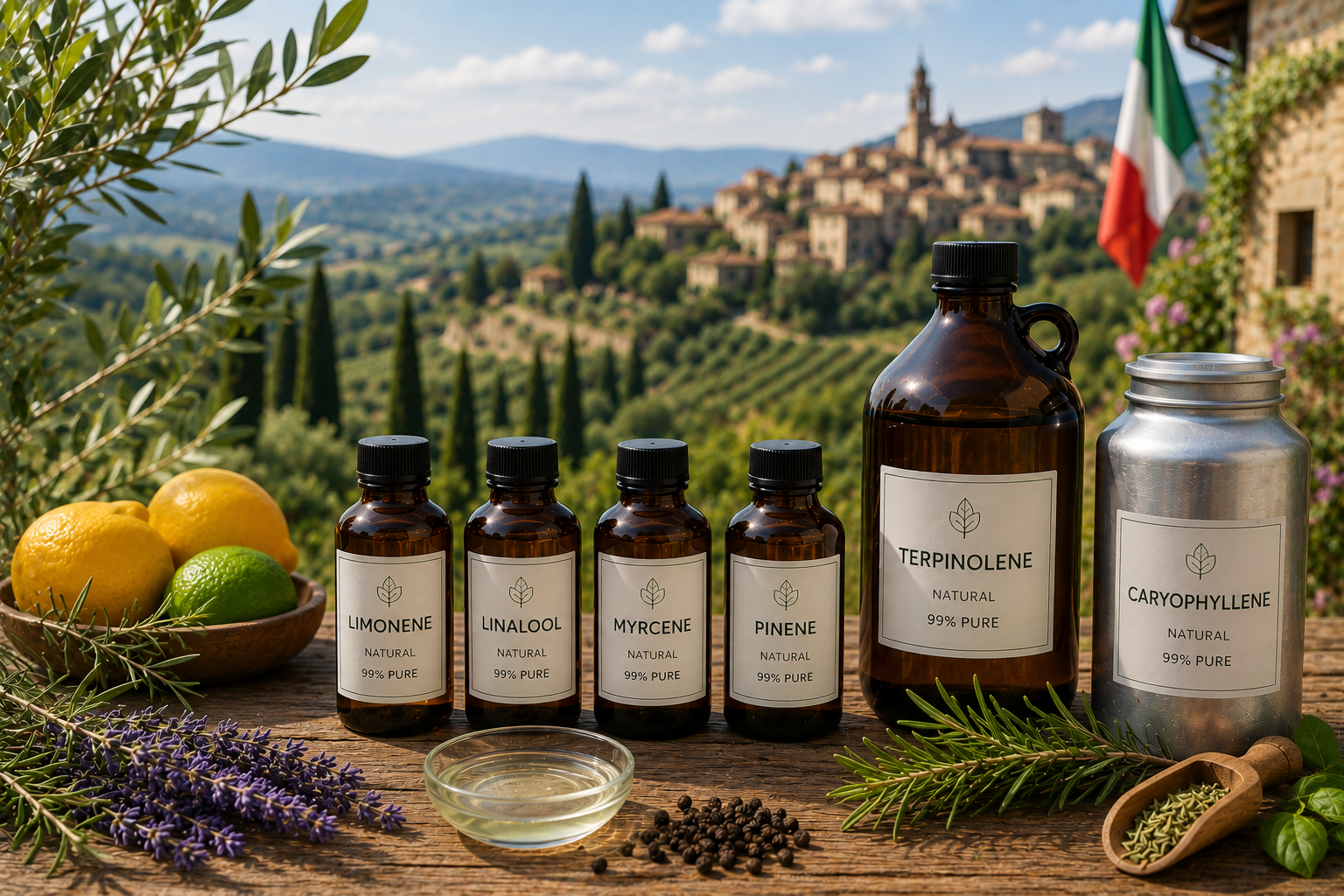 Natural terpene bottles and botanical ingredients displayed on a rustic table with an Italian countryside background.