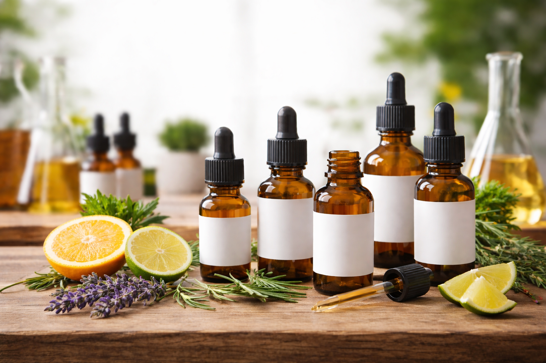 image of amber glass dropper bottles with blank labels placed on a wooden surface, surrounded by fresh citrus slices, lavender, and green herbs, with a soft-focus laboratory-style background suggesting terpene extraction and formulation.