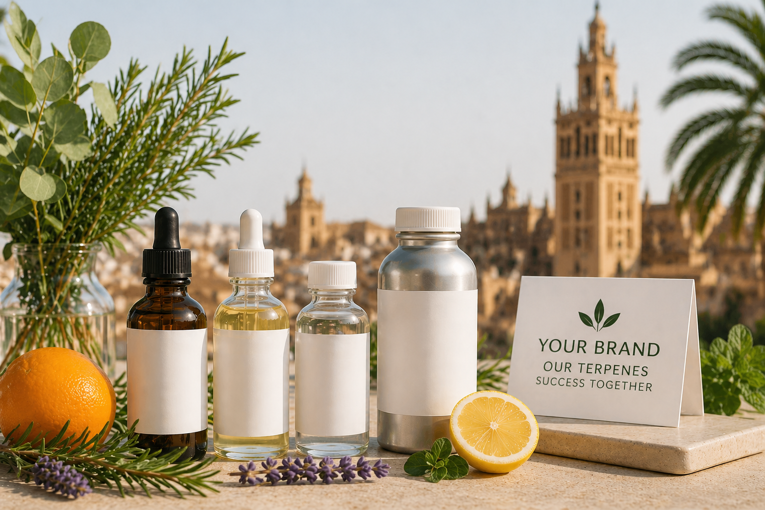 Frascos de terpenos naturales con hierbas y cítricos sobre una mesa iluminada por el sol, con una tarjeta con el logotipo de la marca al fondo