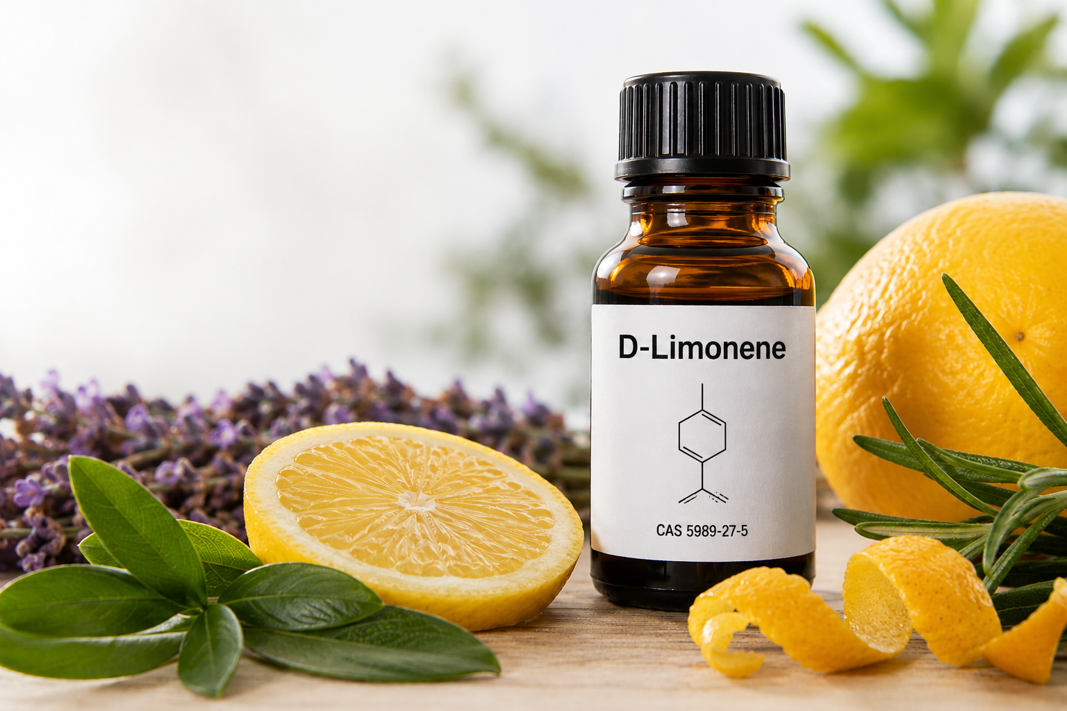 D-Limonene essential oil bottle with fresh lemon, citrus peel, rosemary, and botanical herbs in a natural aromatic product setting.