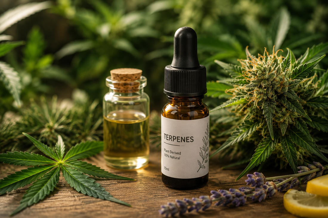 Amber terpene bottle surrounded by hemp leaves, cannabis buds, and natural botanicals on a rustic wooden surface.