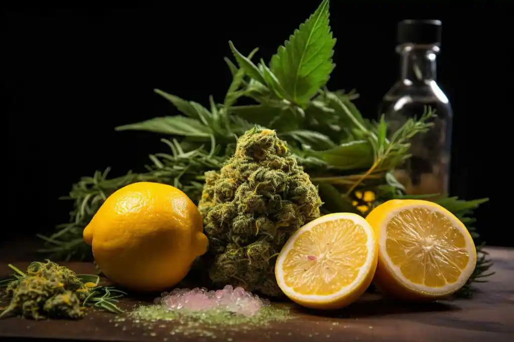 Bottles of food-grade terpenes surrounded by fresh citrus, berries, and mint, illustrating natural flavouring in UK beverages, gummies, and CBD edibles.
